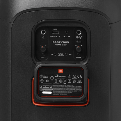 JBL PartyBox Club 120 Kenya back connections panel showing USB, AUX IN, daisy chain and gain controls