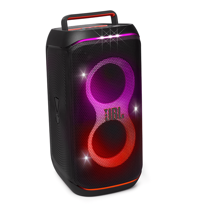 JBL PartyBox Club 120 Kenya front view with active purple and red lightshow and carry handle