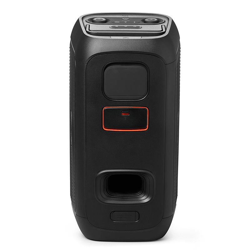 JBL PartyBox Club 120 Kenya rear view showing battery compartment and top control panel