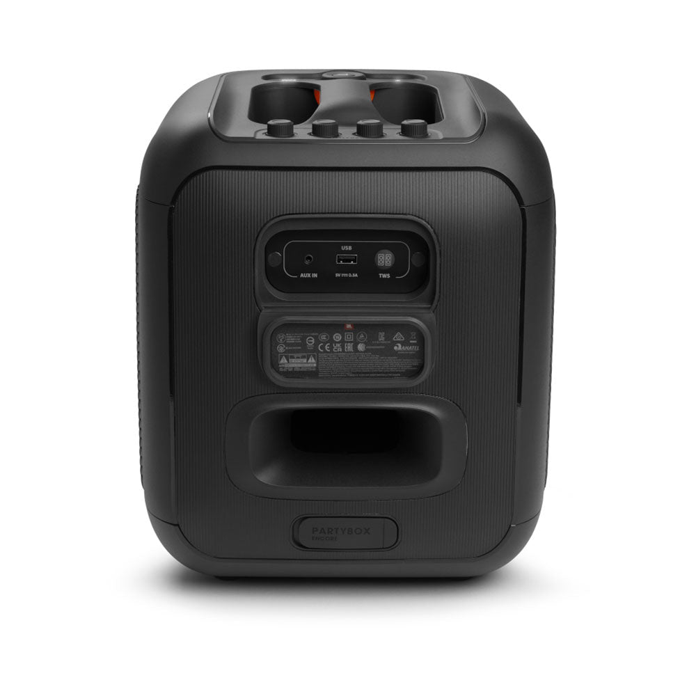 JBL PartyBox Encore Essential Kenya rear panel showing aux input, USB port, TWS button and bass port
