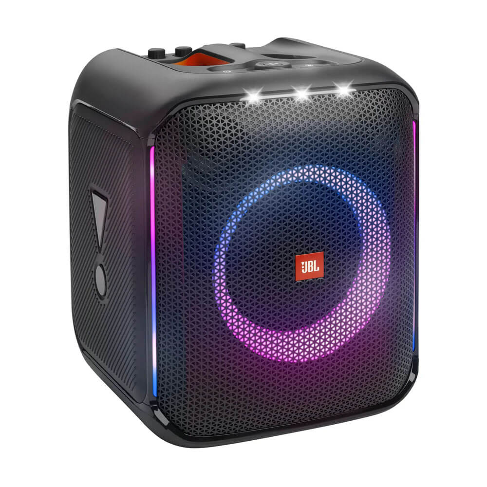 JBL PartyBox Encore with mic Kenya angled view showing beat-synced ring light and RGB side LED strips glowing