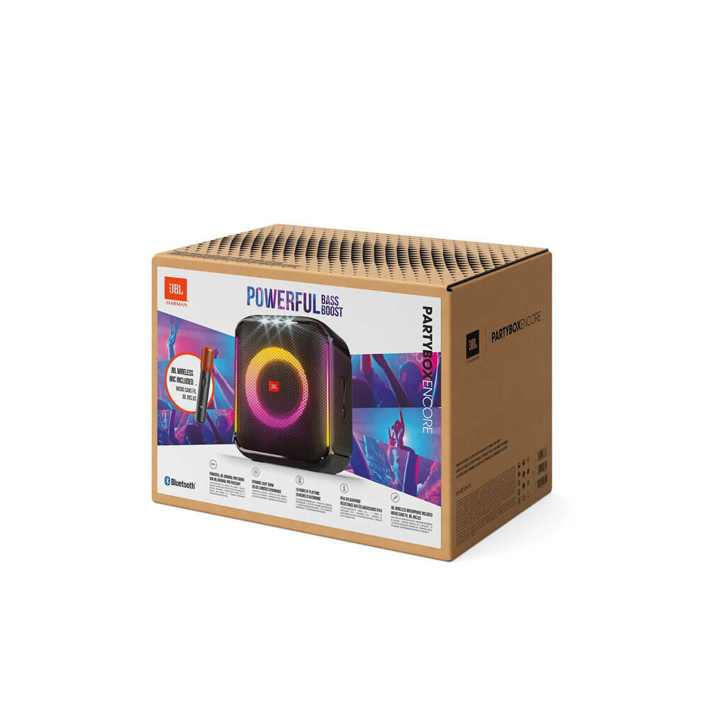JBL PartyBox Encore with mic Kenya original Harman retail box showing Powerful Bass Boost branding and wireless mic callout