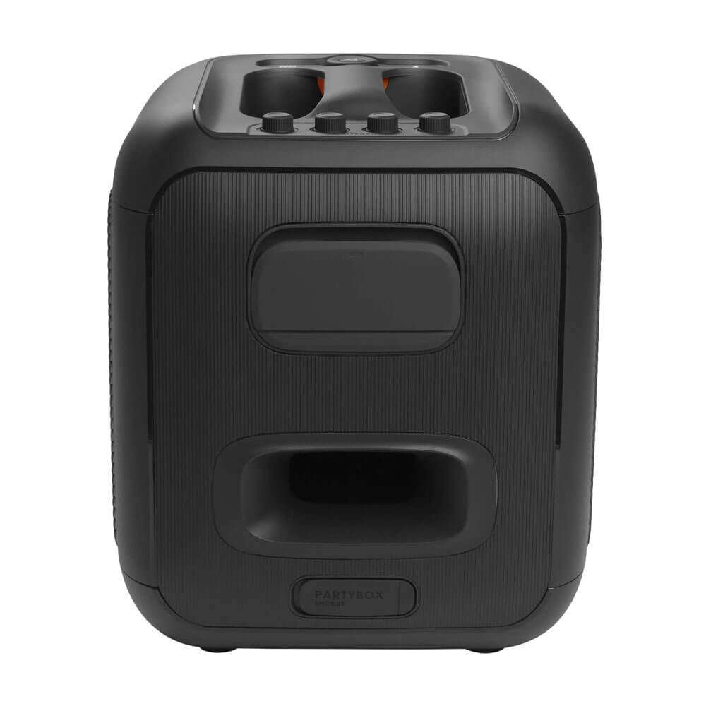 JBL PartyBox Encore with mic Kenya rear view showing bass reflex port, carry handle, and ribbed cabinet texture