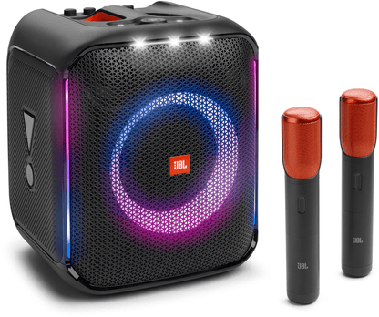 JBL PartyBox Encore with mic Kenya — front view showing speaker with two red-capped wireless microphones included