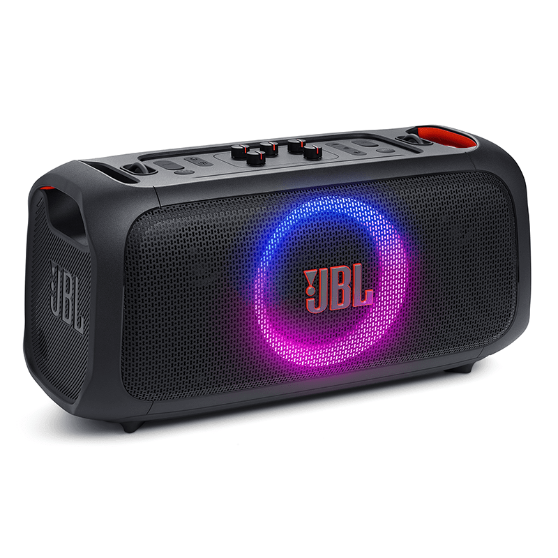 JBL PartyBox On-The-Go Essential Kenya — angled front view showing illuminated JBL ring light, top panel controls, and carry handle