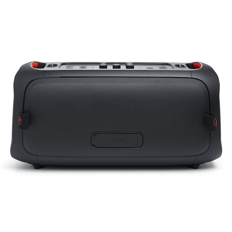 JBL PartyBox On-The-Go Essential Kenya — rear view showing cabinet back panel, rubber feet, and side strap anchor points
