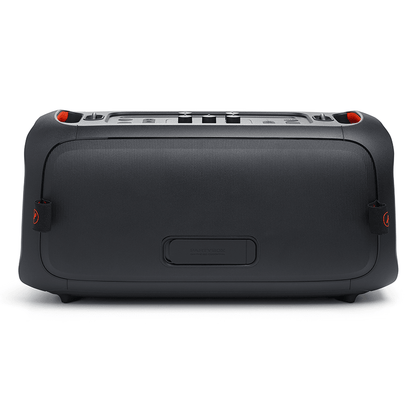 JBL PartyBox On-The-Go Essential Kenya — rear view showing cabinet back panel, rubber feet, and side strap anchor points