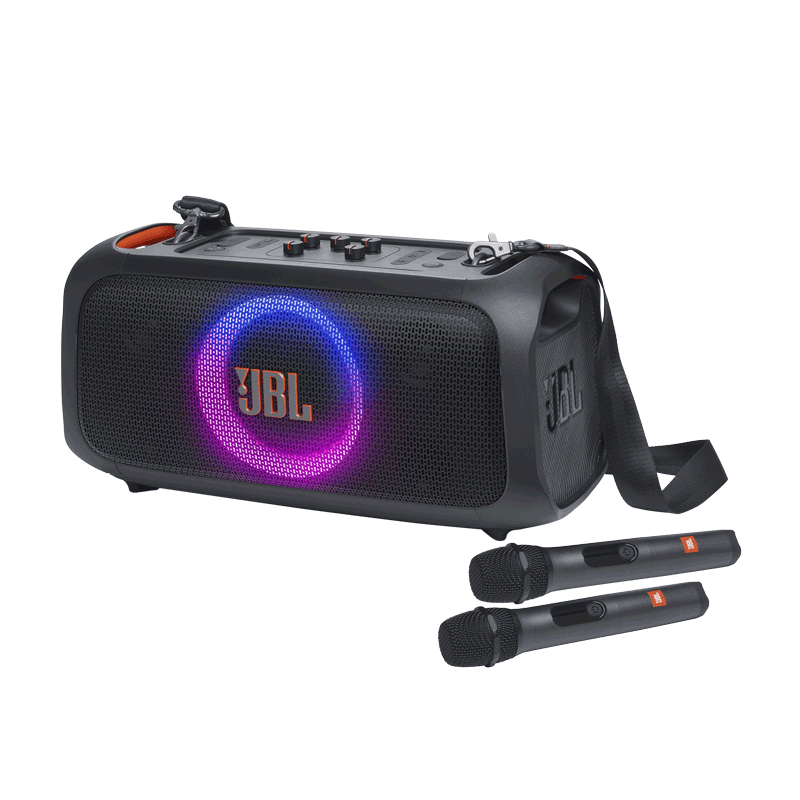 JBL PartyBox On-The-Go Essential Kenya 3/4 front view with active ring light show and two wireless microphones laid in front