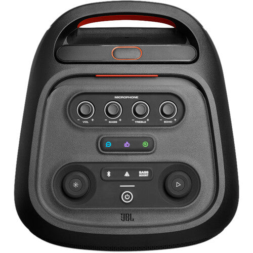 JBL PartyBox Stage 320 Kenya bottom view showing wide rolling wheels and non-slip base for portability