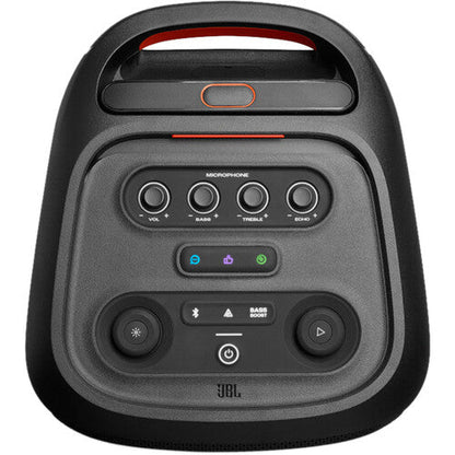 JBL PartyBox Stage 320 Kenya bottom view showing wide rolling wheels and non-slip base for portability