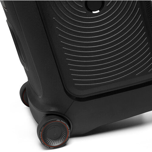 JBL PartyBox Stage 320 Kenya close-up of branded rolling wheel hub and ribbed bass cabinet base