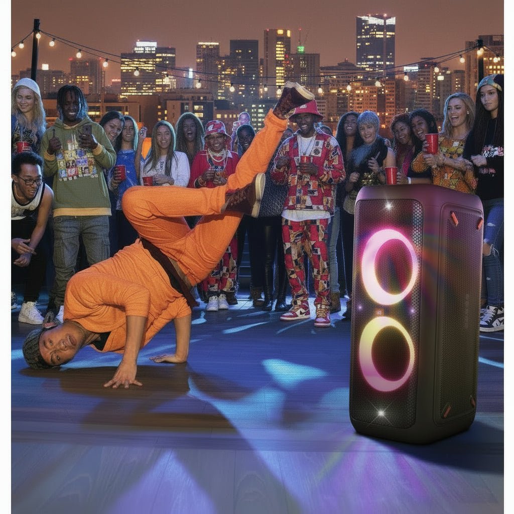 JBL PartyBox Stage 320 Kenya at a rooftop party with breakdancer performing and crowd watching at night