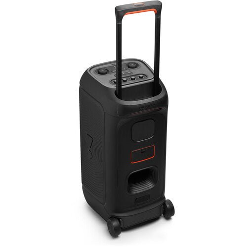 JBL PartyBox Stage 320 Kenya rear-right angled view with telescopic handle raised and orange accent details