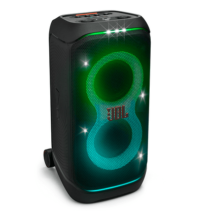 JBL PartyBox Stage 320 Kenya front view with dual woofers and glowing ring lightshow on white background