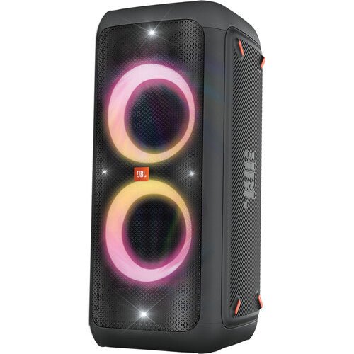 PartyBox Stage 320 Kenya rear-left view with telescopic handle extended and orange accent trim