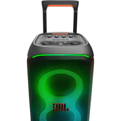 JBL PartyBox Stage 320 Kenya front close-up with green dual ring lightshow glowing and handle extended`