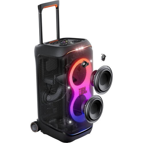 JBL PartyBox Stage 320 Kenya cutaway view revealing dual 165mm woofers and internal ring light assembly
