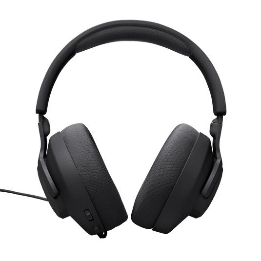 JBL Quantum 100M2 headset 3.5mm cable and detachable mic laid flat on white background