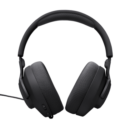 JBL Quantum 100M2 headset 3.5mm cable and detachable mic laid flat on white background