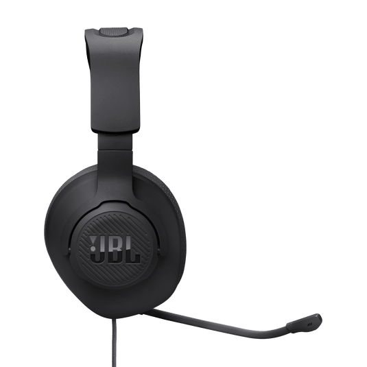 JBL Quantum 100M2 wired gaming headset connected to PC showing plug-and-play 3.5mm setup