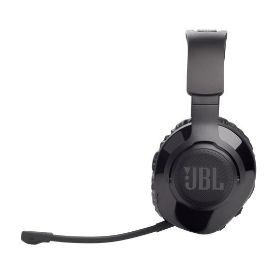 JBL Quantum 350 wireless gaming headset side profile showing memory foam ear cushion and headband
