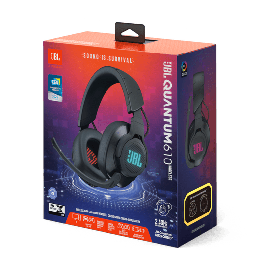 JBL Quantum 610 wireless gaming headset Kenya retail box side view showing model name and feature icons