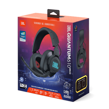 JBL Quantum 610 wireless gaming headset Kenya retail box side view showing model name and feature icons