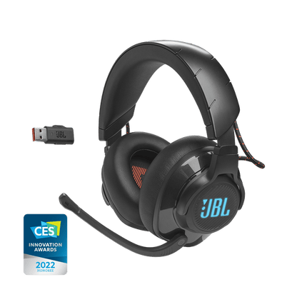 JBL Quantum 610 wireless gaming headset Kenya hero shot with 2.4GHz USB dongle and CES 2022 award badge
