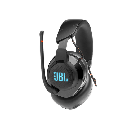 JBL Quantum 610 wireless gaming headset Kenya — side view with boom mic raised and teal RGB lighting