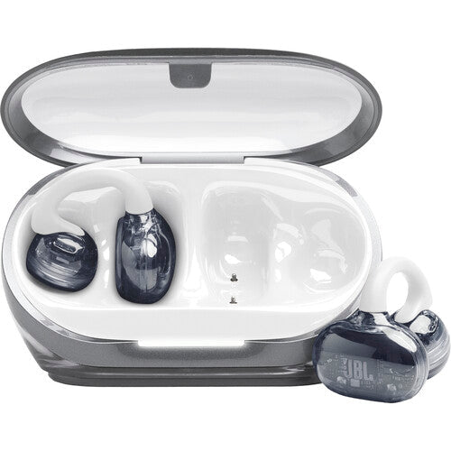 JBL SoundGear Clips Kenya open charging case with one clip-style earbud inside and one earbud beside it