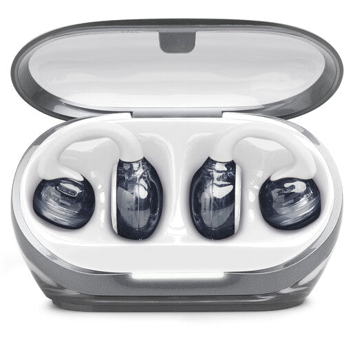 JBL SoundGear Clips Kenya earbuds seated inside their open transparent charging case