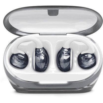 JBL SoundGear Clips Kenya earbuds seated inside their open transparent charging case