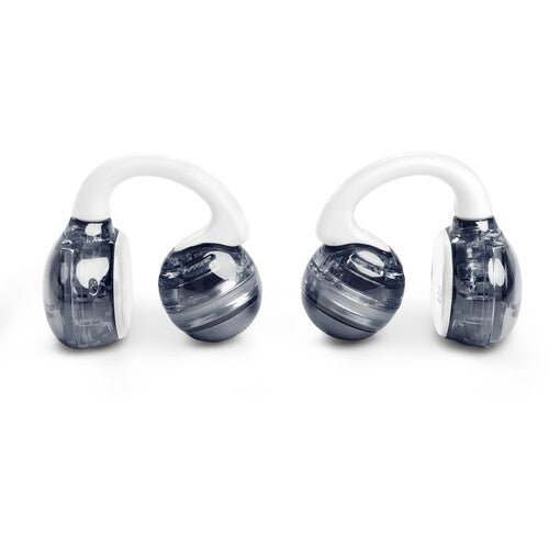 JBL SoundGear Clips Kenya pair of earbuds viewed from the side with white clip-style ear hooks