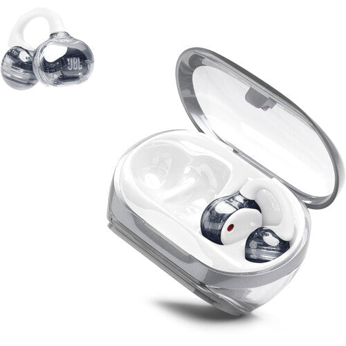 JBL SoundGear Clips Kenya angled product view with earbuds beside an open charging case