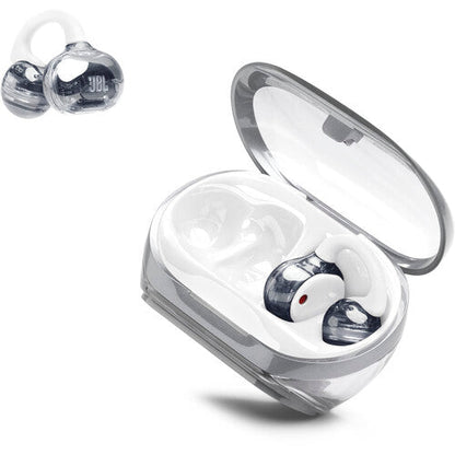 JBL SoundGear Clips Kenya angled product view with earbuds beside an open charging case