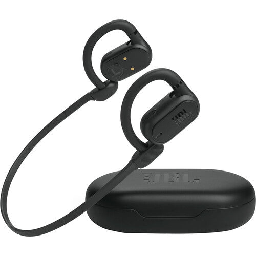 JBL Soundgear Sense earbuds Kenya with charging case and black open-ear earbuds angled on white background.