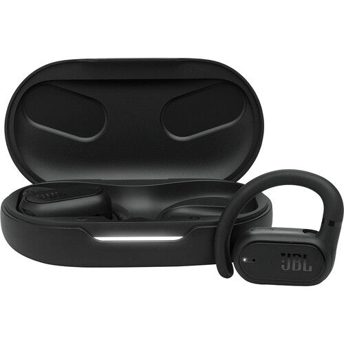 JBL Soundgear Sense earbuds Kenya, open charging case with one black earbud beside it.