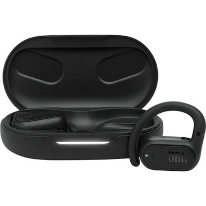 JBL Soundgear Sense earbuds Kenya, open charging case with one black earbud beside it.