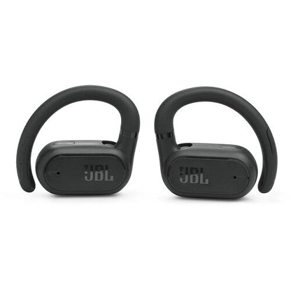 JBL Soundgear Sense earbuds Kenya, left and right black open-ear earbuds facing forward.