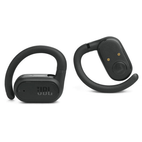 JBL Soundgear Sense earbuds Kenya, two black open-ear earbuds shown from opposite sides.