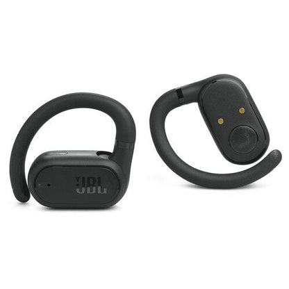 JBL Soundgear Sense earbuds Kenya, two black open-ear earbuds shown from opposite sides.