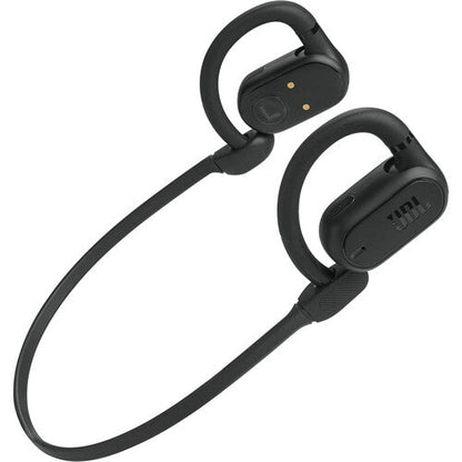 JBL Soundgear Sense earbuds Kenya, black open-ear earbuds shown from a rear angled view.