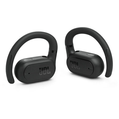 JBL Soundgear Sense earbuds Kenya, pair of black earbuds in angled side views.