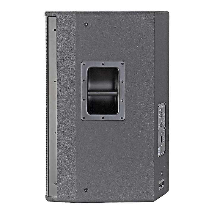 JBL SRX715 PA speaker Kenya rear panel showing port opening and connector/label panel on grey enclosure