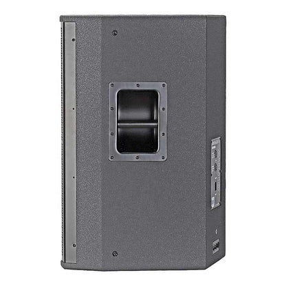 JBL SRX715 PA speaker Kenya rear panel showing port opening and connector/label panel on grey enclosure