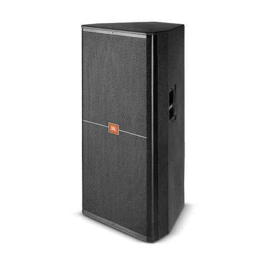 JBL SRX725 Kenya dual 15-inch two-way PA speaker, front-left 3/4 view, black enclosure on white background`