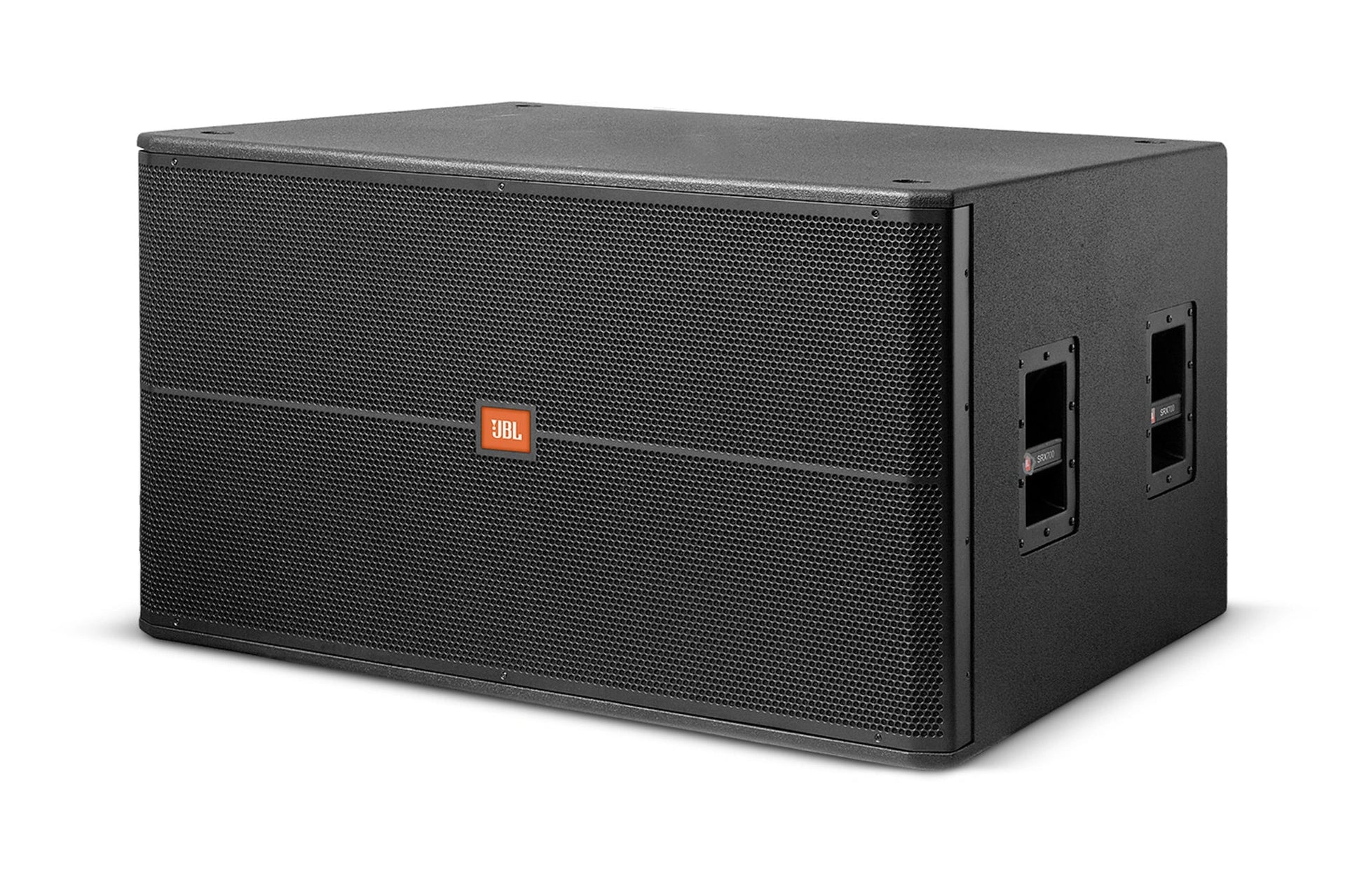 JBL SRX728S subwoofer Kenya — front-right 3/4 view, Speakon NL4 connector panel, steel grille, JBL badge