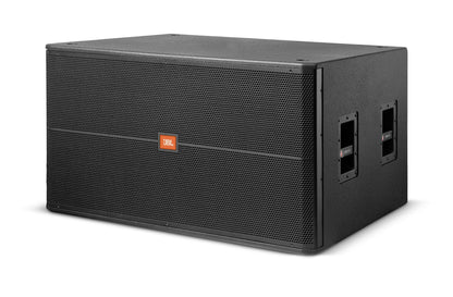 JBL SRX728S subwoofer Kenya — front-right 3/4 view, Speakon NL4 connector panel, steel grille, JBL badge
