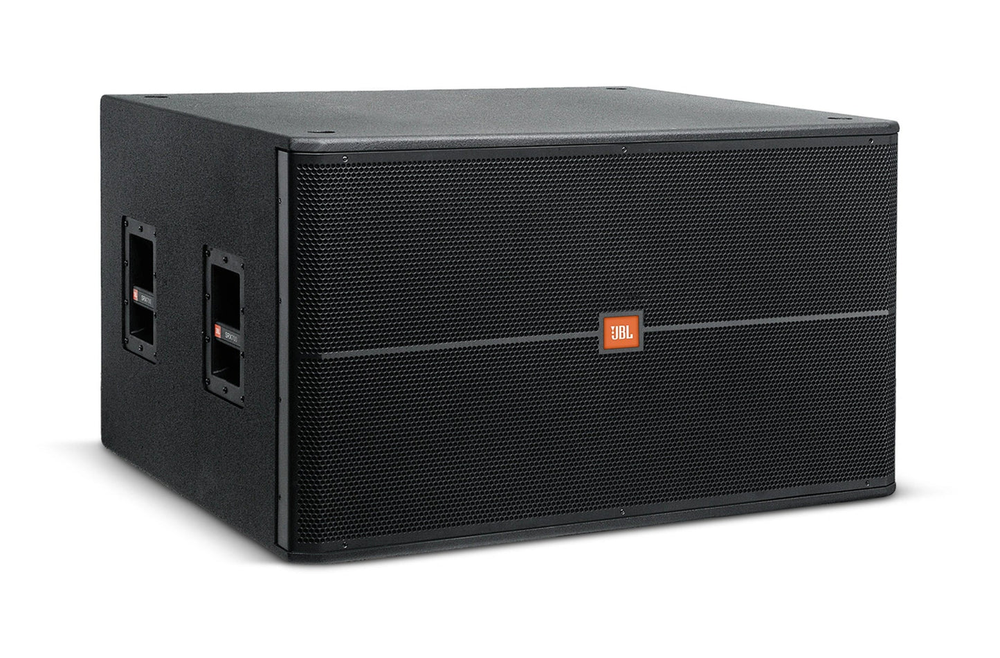 JBL SRX728S subwoofer Kenya — front-left 3/4 view, dual steel grille, side transport handles, JBL badge