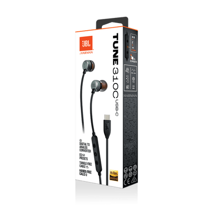 JBL Tune 310C Kenya retail box showing earphones, USB-C cable, Hi-Res Audio badge and feature callouts